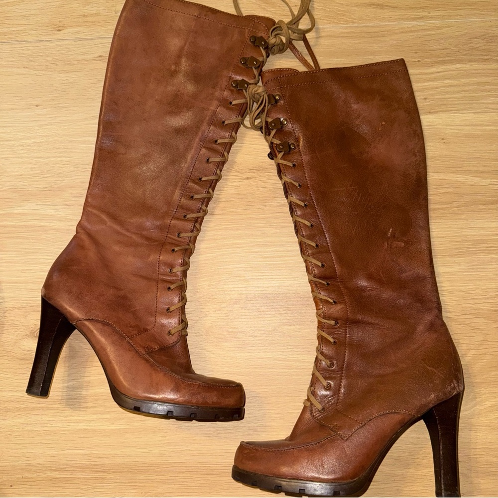 Vintage tall brown lace up heeled Ralph Lauren boots leather size 7